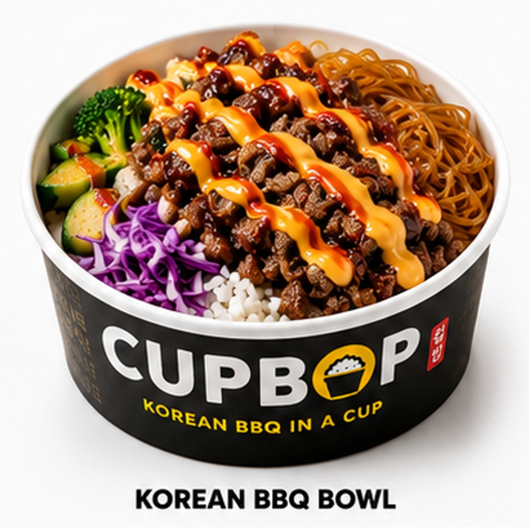 A Korean BBQ CupBop bowl layered with rice, cabbage, and noodles