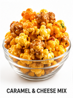 A bag of caramel and cheese mix gourmet popcorn