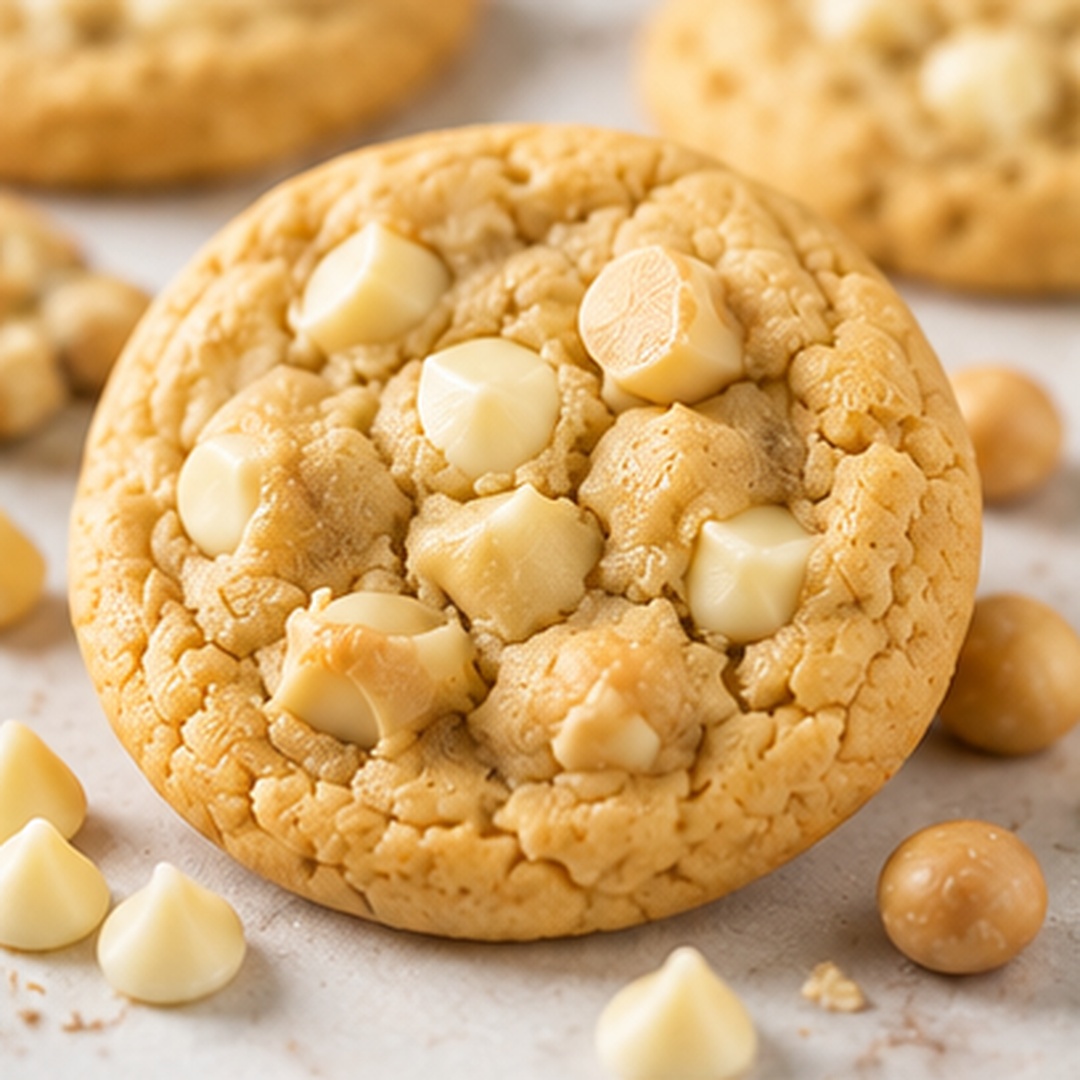 A white chip macadamia cookie with visible white chocolate and nut pieces