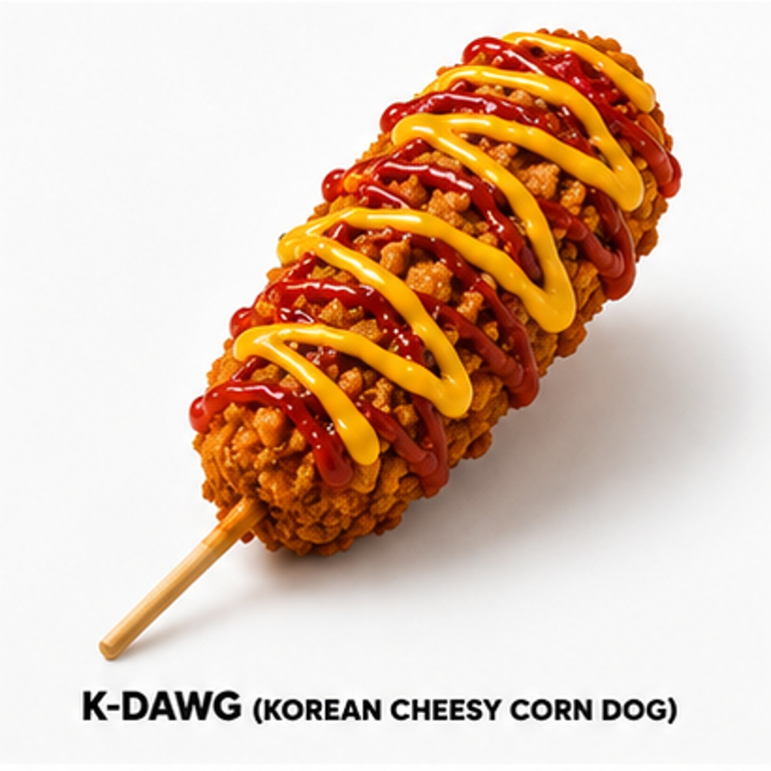 A Korean cheesy corn dog with a crisp golden coating