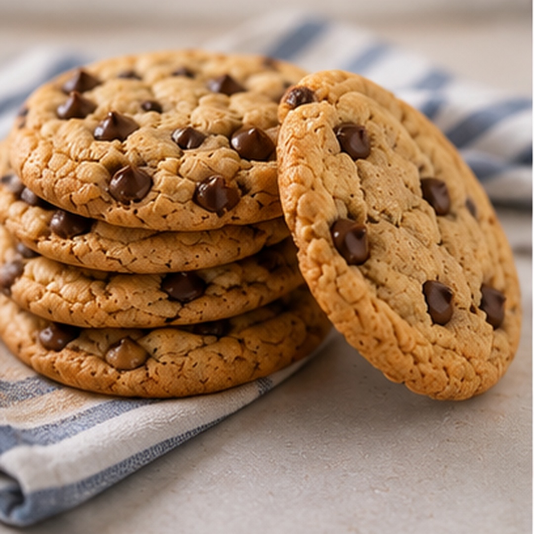 A tall stack of freshly baked chocolate chip cookies with one broken in half on top