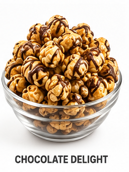 A bag of chocolate drizzled caramel gourmet popcorn