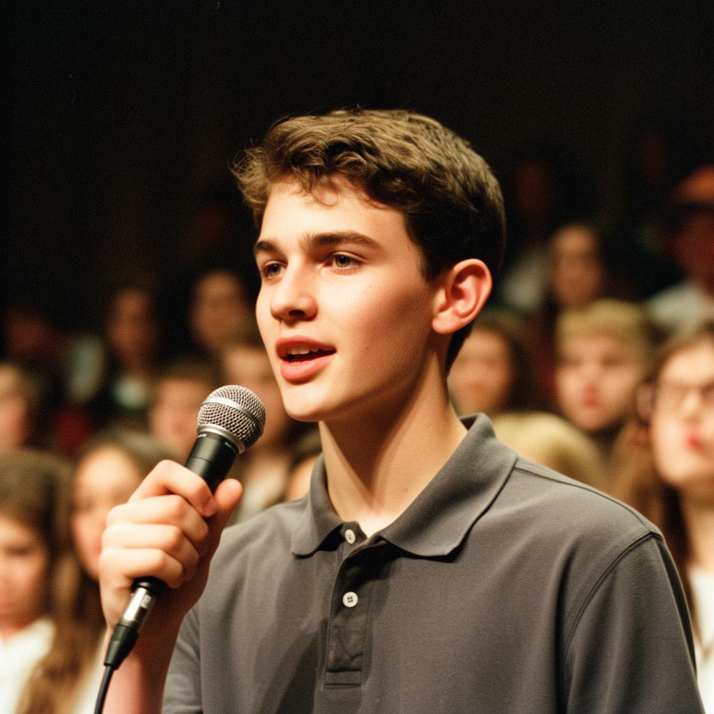 A student speaking confidently into a microphone at a school event